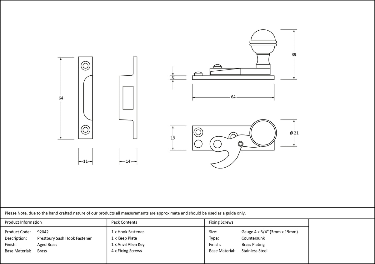 PRESTBURY SASH HOOK FASTENER 64x19x39 AGBR - 92042 by MARCHES (ANVIL) ARCHITECTURAL HARDWARE