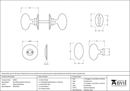 OVAL MORTICE/RIM KNOB 63x63x60 EBX - 92065 by MARCHES (ANVIL) ARCHITECTURAL HARDWARE