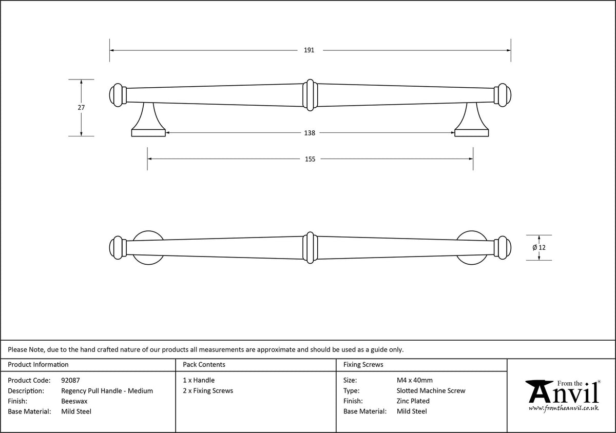REGENCY PULL HANDLE 155HC 12x191x27 BLK - 92087 by MARCHES (ANVIL) ARCHITECTURAL HARDWARE