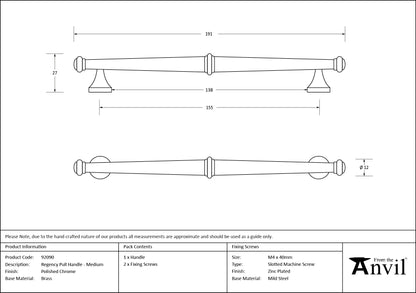 REGENCY PULL HANDLE 155HC 12x191x27 PCP - 92090 by MARCHES (ANVIL) ARCHITECTURAL HARDWARE