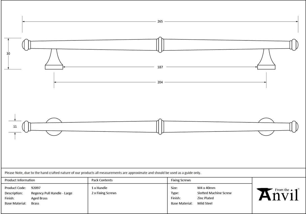 REGENCY PULL HANDLE 204HC 12x265x27 AGBR - 92097 by MARCHES (ANVIL) ARCHITECTURAL HARDWARE
