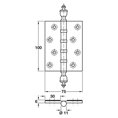 Ball Bearing Butt Hinge Urn Finial Intumescent 100x75x6mm Imitation Bronze