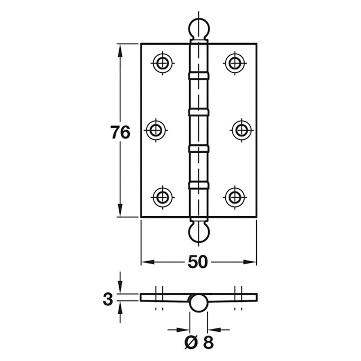 BUTT HINGE BB BALL 76x50x3 PCP