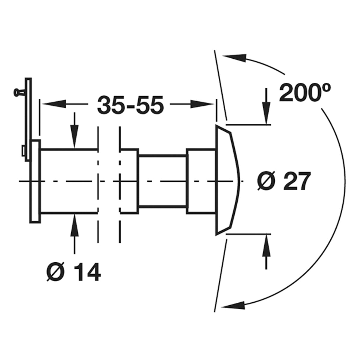 DOOR VIEWER 200deg D27x40-55 BRS/POL