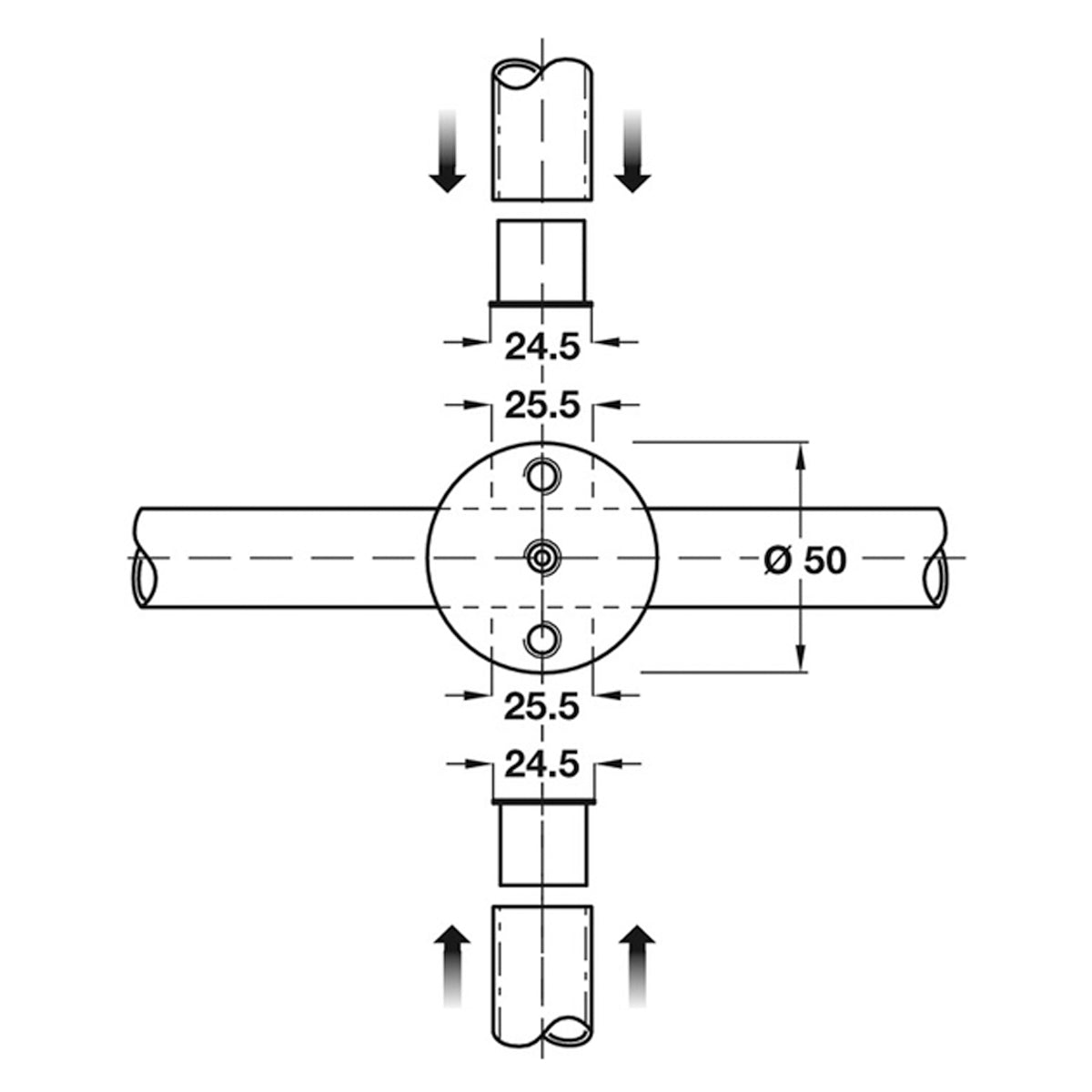 Glass Partition Cross Connector Satin Stainless Steel Ø50mm
