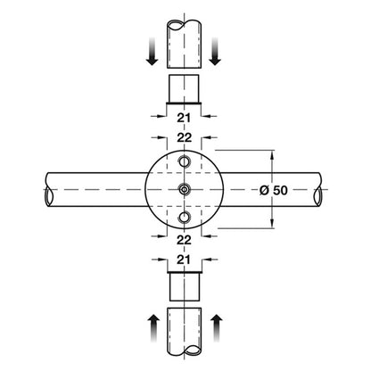 Board Partition Cross Connector Satin Stainless Steel Ø50mm