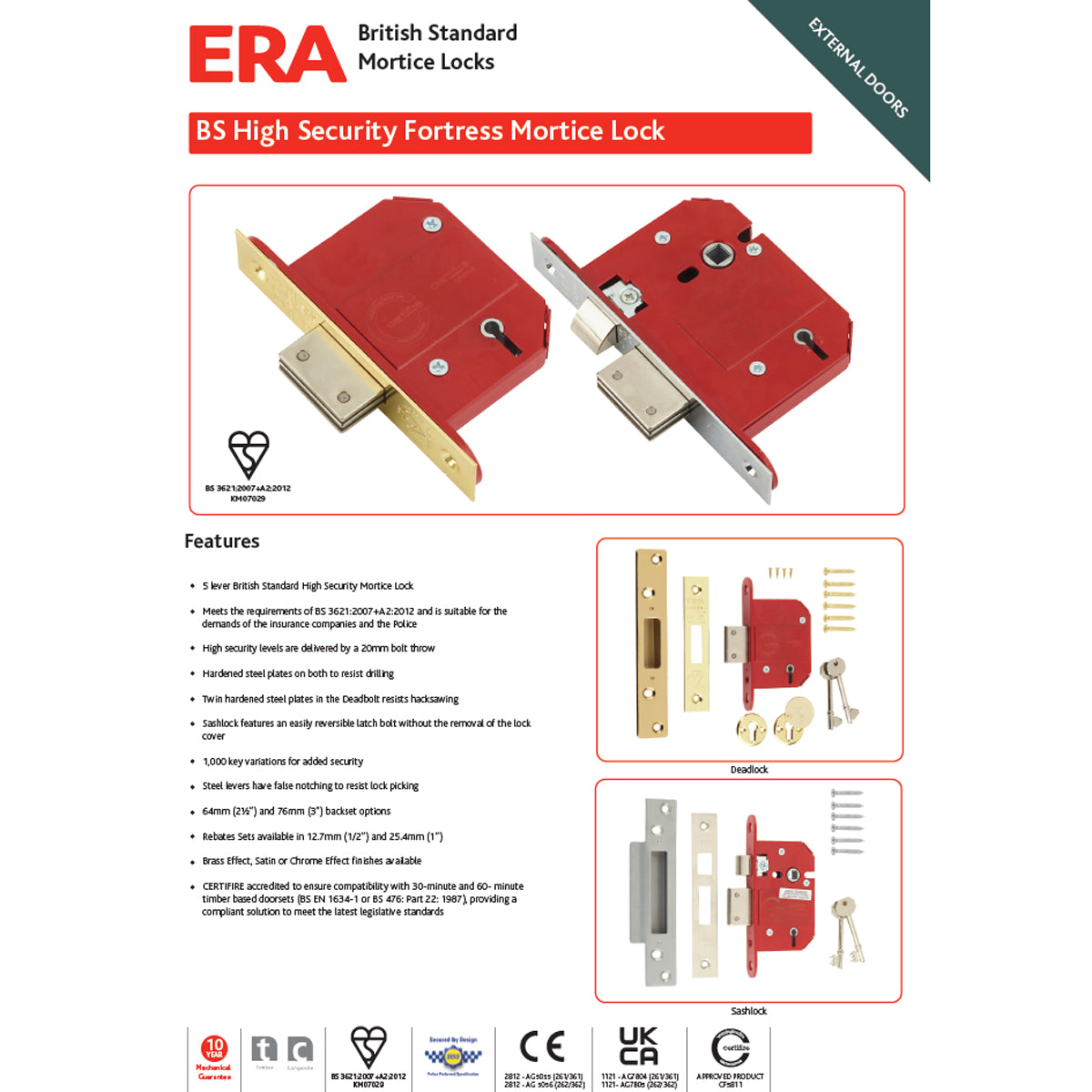 ERA Fortress 5 Lever Mortice Deadlock 64mm Electro Brass | DF261-31