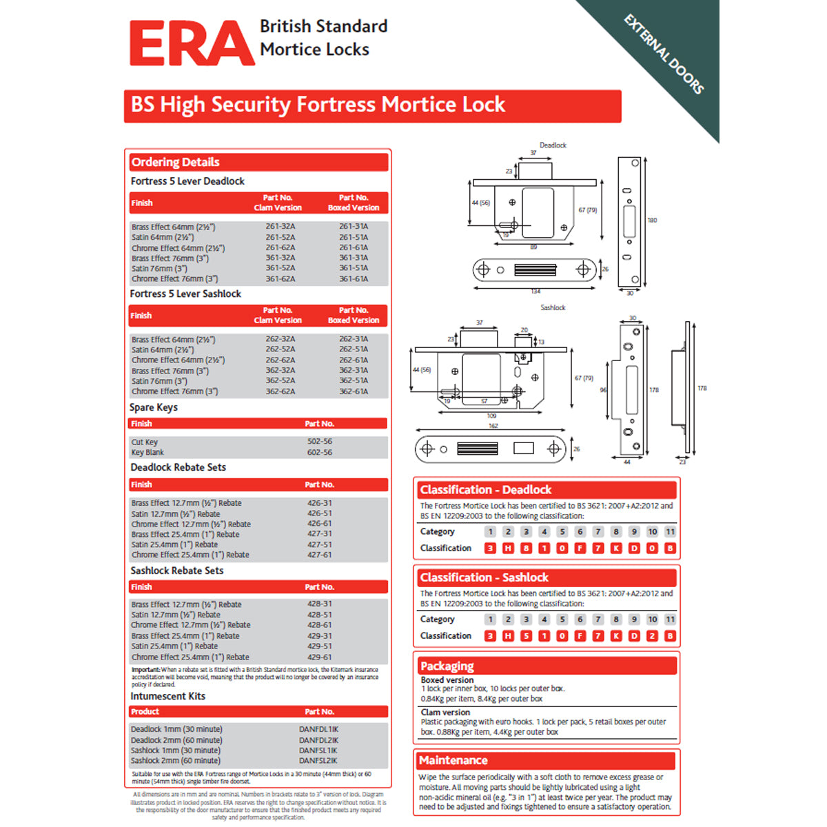 ERA Fortress 5 Lever Mortice Deadlock 64mm Electro Brass | DF261-31