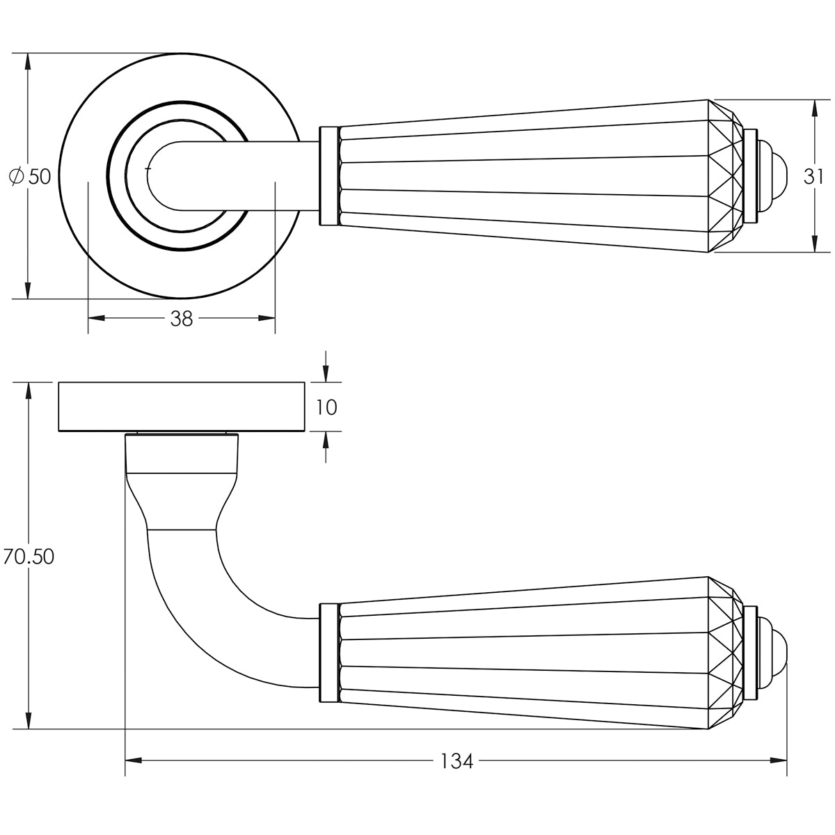 JEDO NATURAL FLUTED GLASS LEVER HANDLE D50x134x71 PCP JH5312PC
