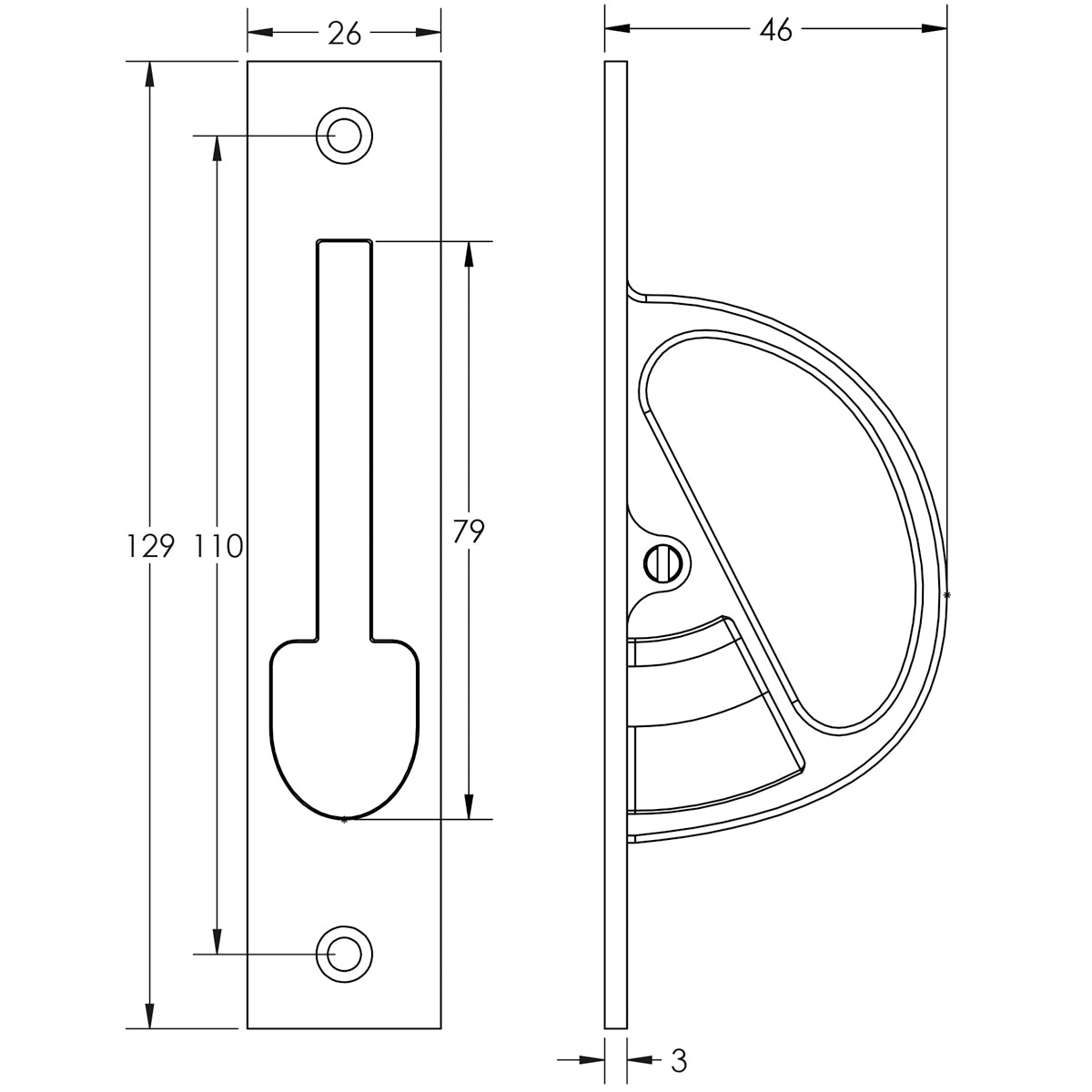 BURLINGTON SLIDING DOOR EDGE PULL 129x26x46 SBR