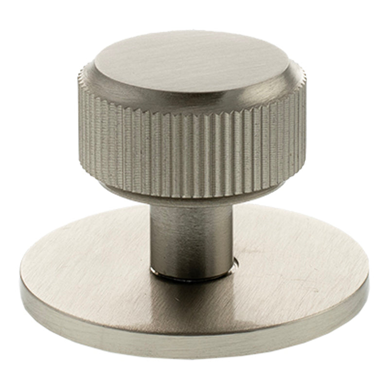 Linear round cabinet knob with backplate in brass and satin nickel finish, part DHA635B