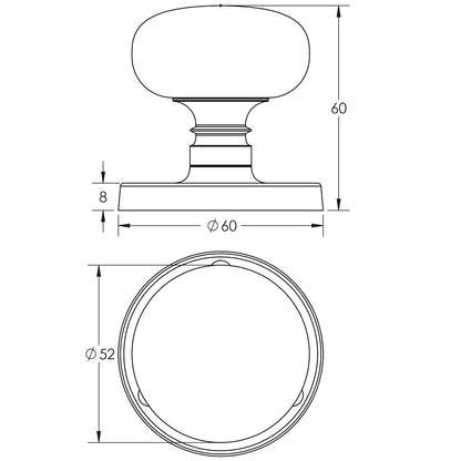 JEDO MUSHROOM MORTICE KNOB D60x60xD52 SBR JV35SB