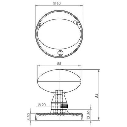 JEDO OVAL MORTICE KNOB D60x64x55 PCP JV34PC