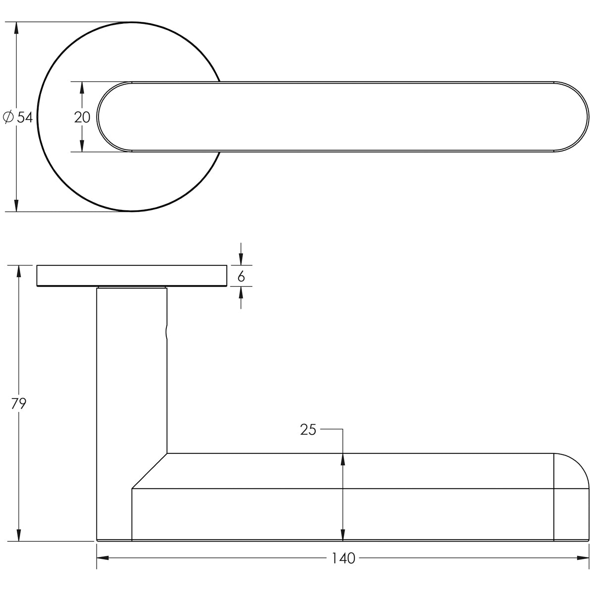 DOOR HANDLE ROUND ROSE UNSPRUNG 140x25x75 BLK
