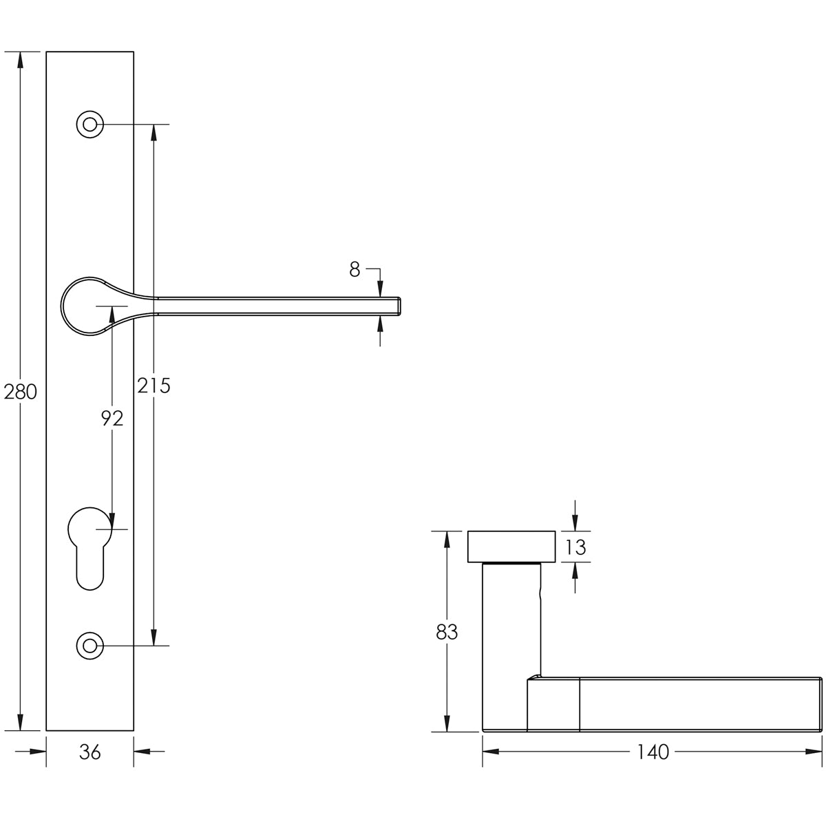 DOOR HANDLE BACKPLATE MULTI POINT 140x23x70 DBZ
