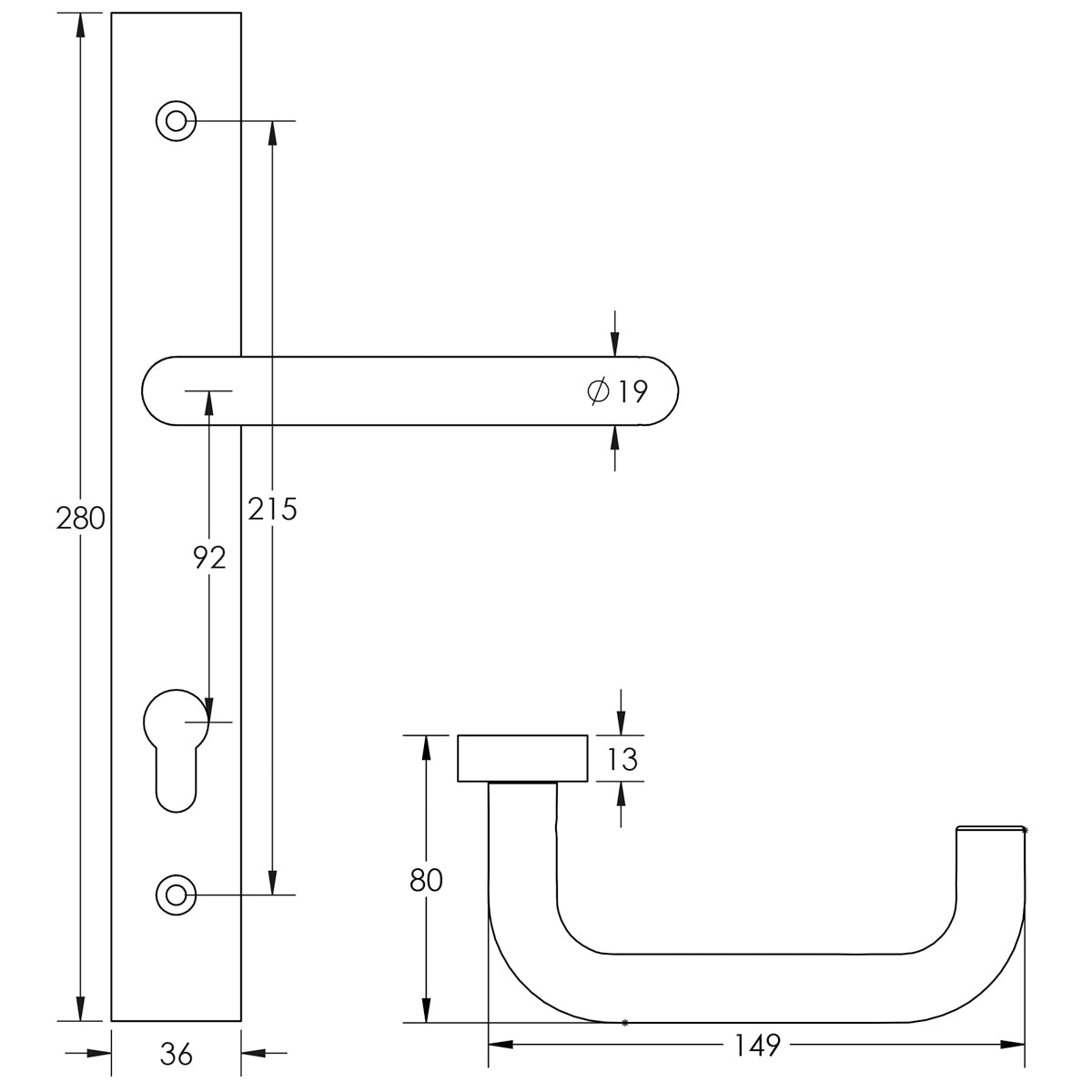 DOOR HANDLE BACKPLATE MULTI POINT 149x19x67 SBR