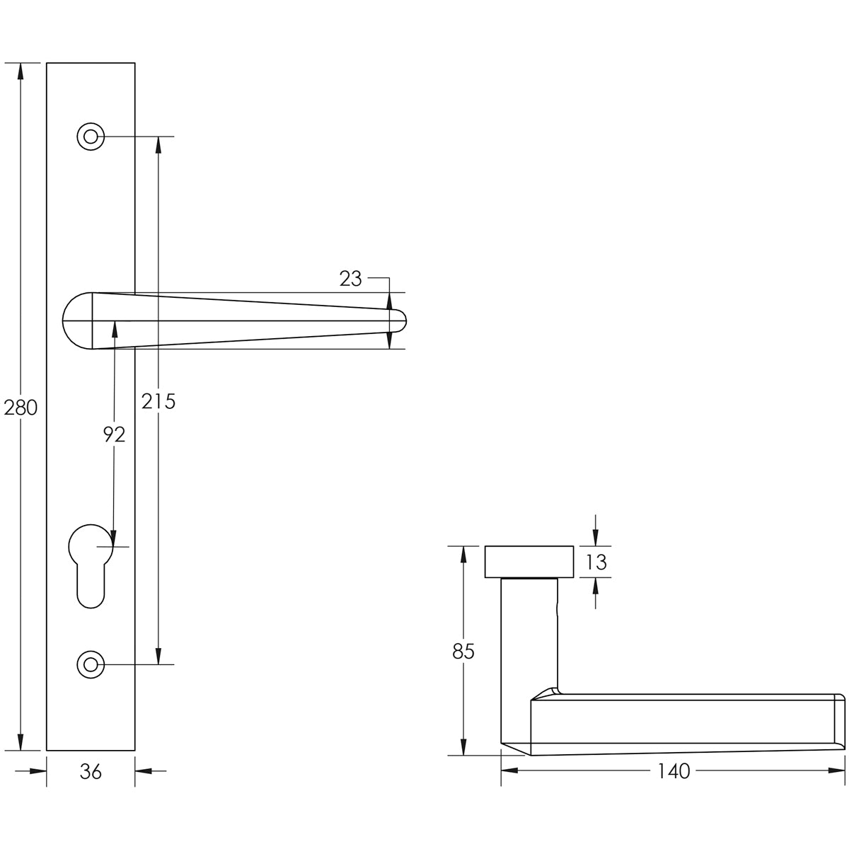 DOOR HANDLE BACKPLATE MULTI POINT 140x25x72 DBZ