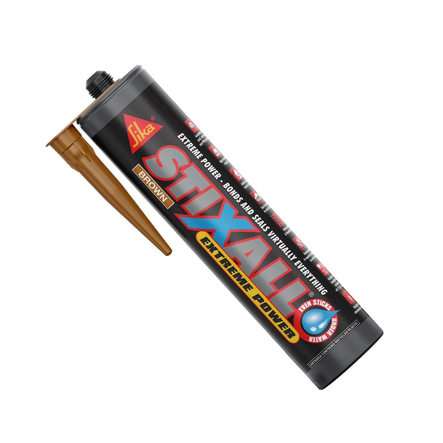 A tube of Fika Stixall Extreme Power silicone sealant, shown diagonally on a plain white background. The tube is black with red, blue, and yellow branding, and it has a separate brown plastic nozzle tip resting beside it.
Sika Stixall Extreme Power Adhesive & Sealant 290ml Brown – GLU022B