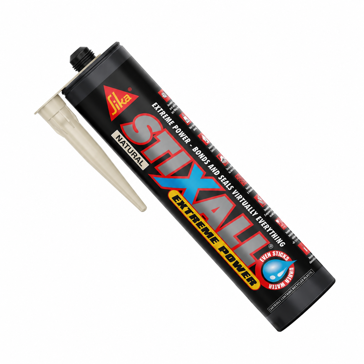 Sika Stixall Extreme Power Adhesive & Sealant 290ml Natural – GLU022F A tube of Fika Stixalt Extreme Power silicone sealant with a beige applicator nozzle, shown on a plain white background.