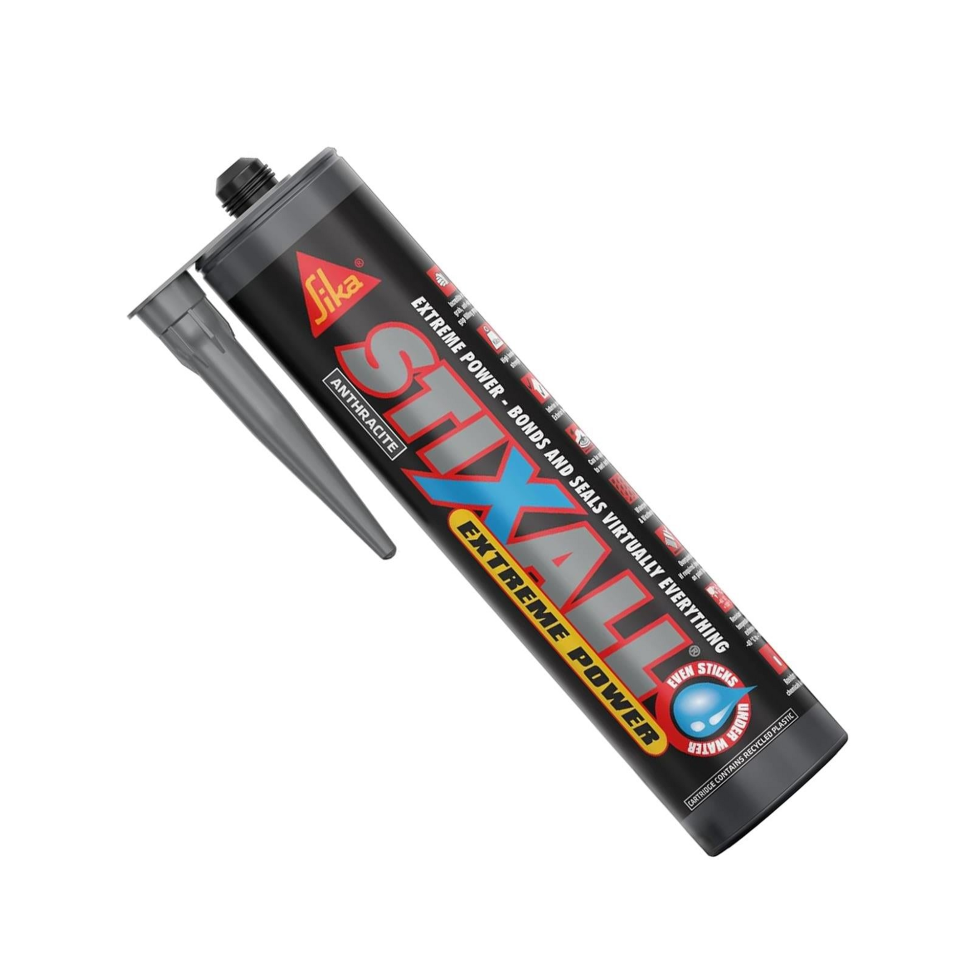 Sika Stixall Extreme Power Adhesive & Sealant 290ml Anthracite – GLU022G
A tube of Stixall Extreme Power Interceptor vertical footing adhesive with its separate grey applicator nozzle, shown on a plain white background.