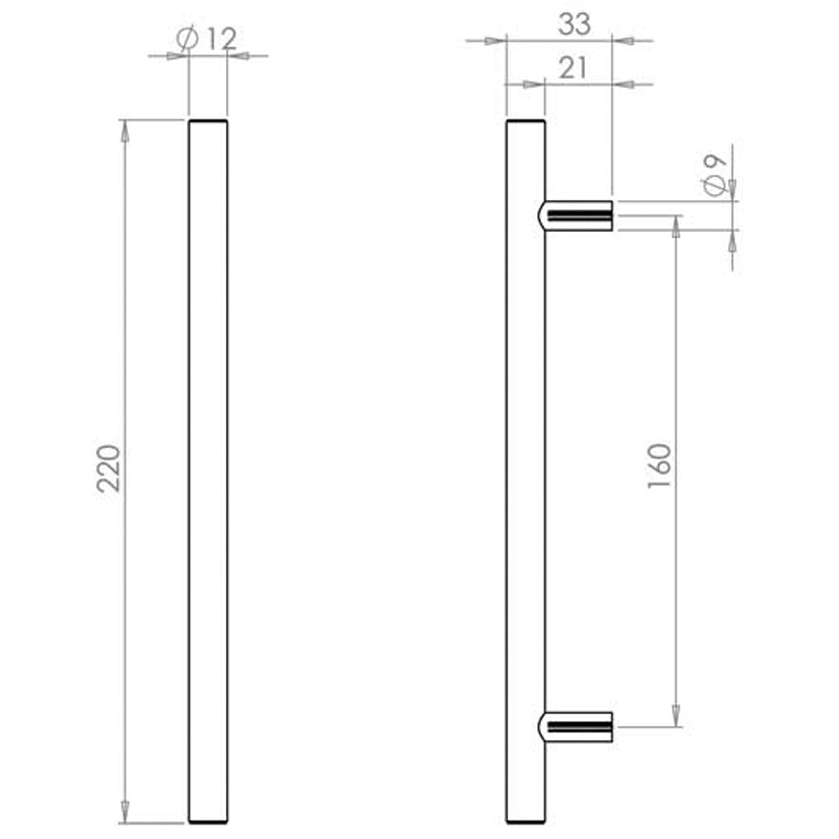 T BAR CABINET HANDLE 160HC D12x220x33 PSS