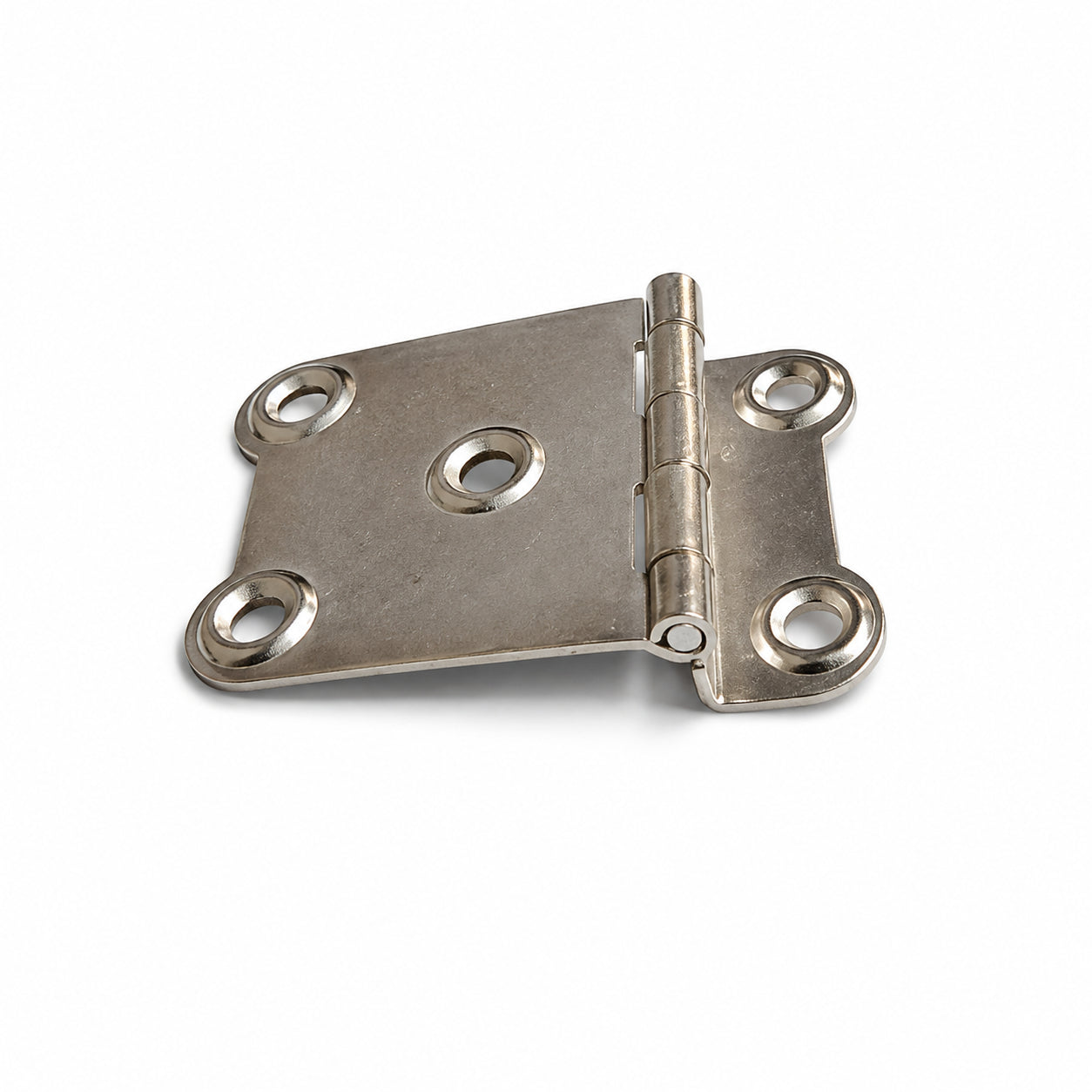 50 × 33mm five-hole 8mm cranked flap hinge – HI1209
HI1209 50 × 33mm cranked flap hinge shown partially open with 8mm offset
Front view of HI1209 five-hole cranked flap hinge with 13mm and 35mm leaves