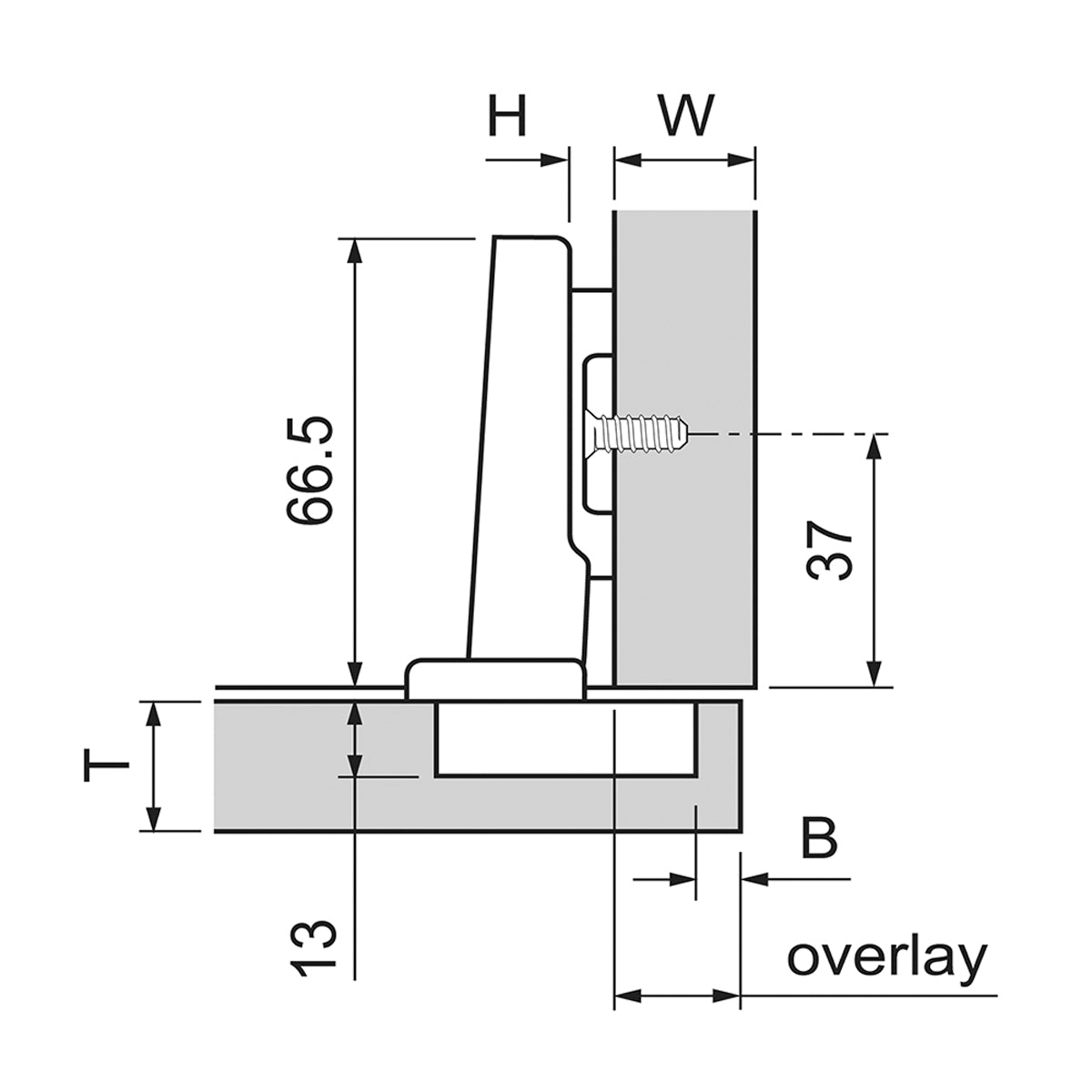 A black and white technical dimension diagram showing measurements for a mounting bracket or panel, with labels for H, W, T, B, and overlay.