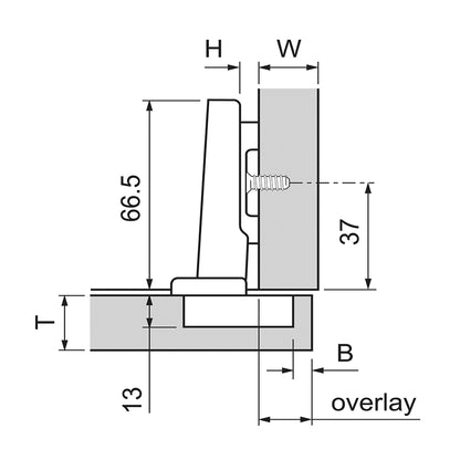A black and white technical dimension diagram showing measurements for a mounting bracket or panel, with labels for H, W, T, B, and overlay.