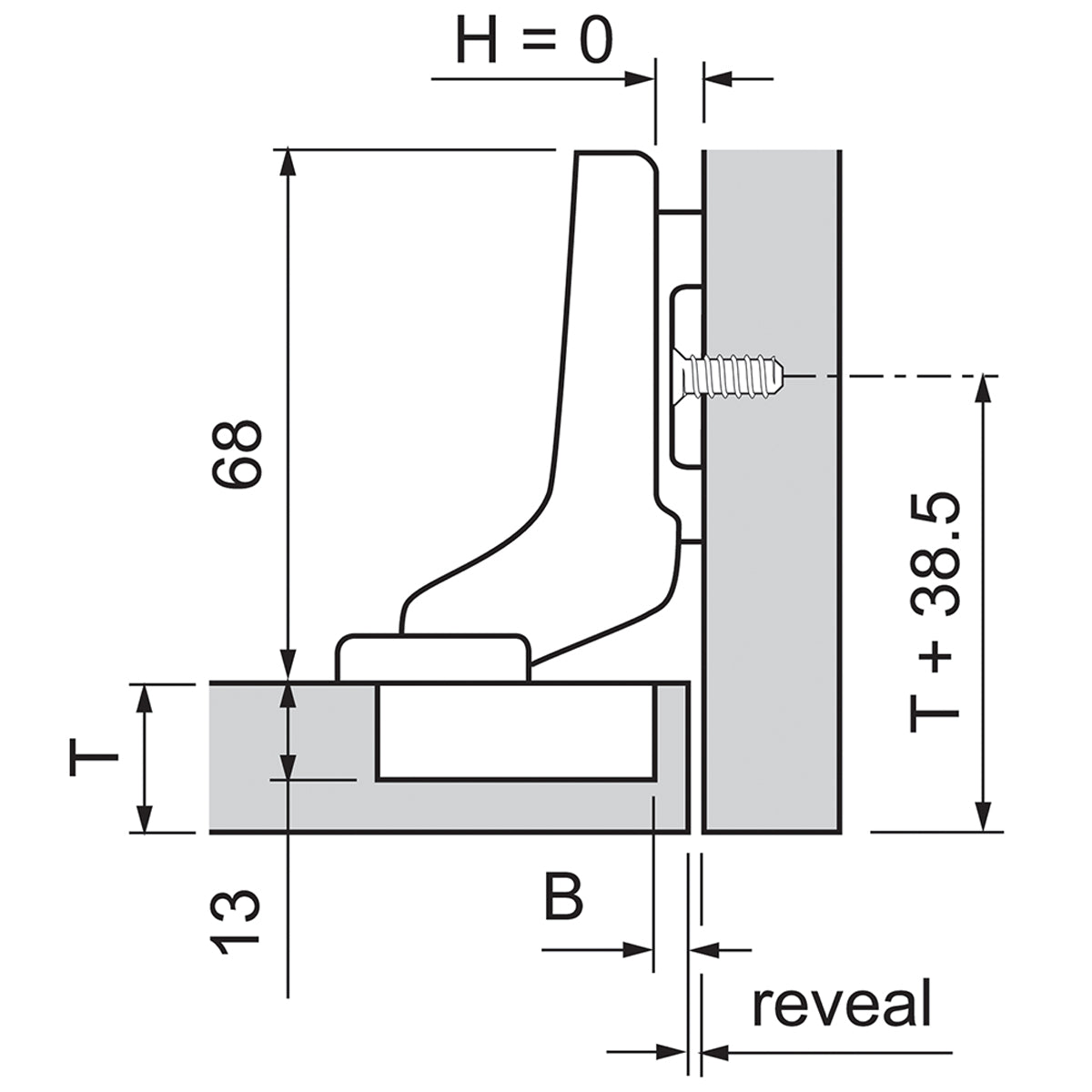 Blum 71B3750 inset hinge showing fully cranked arm and integrated BLUMOTION mechanism
Technical dimension diagram of a boot jack with a boot inserted, showing measurements labeled 68, 13, T, B, reveal, and H = 0 on a white background.