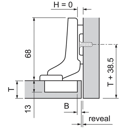 Blum 71B3750 inset hinge showing fully cranked arm and integrated BLUMOTION mechanism
Technical dimension diagram of a boot jack with a boot inserted, showing measurements labeled 68, 13, T, B, reveal, and H = 0 on a white background.