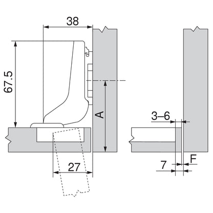 Blum 71M2750 inset hinge showing the fully cranked arm and screw-on cup