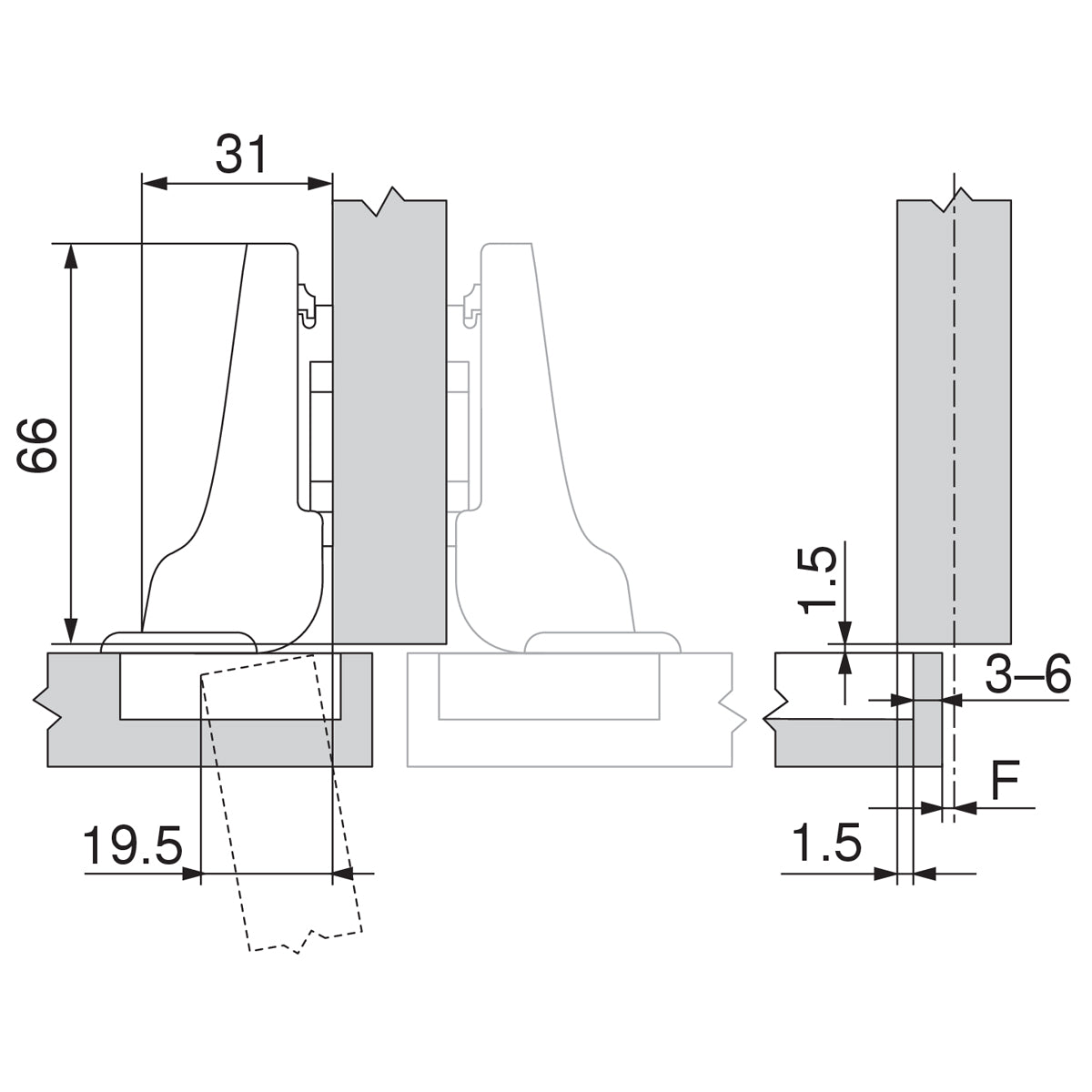 Blum 75T1680 half-overlay hinge installation diagram with 31mm arm position and 3–6mm drilling distance