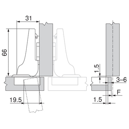 Blum 75T1680 half-overlay hinge installation diagram with 31mm arm position and 3–6mm drilling distance