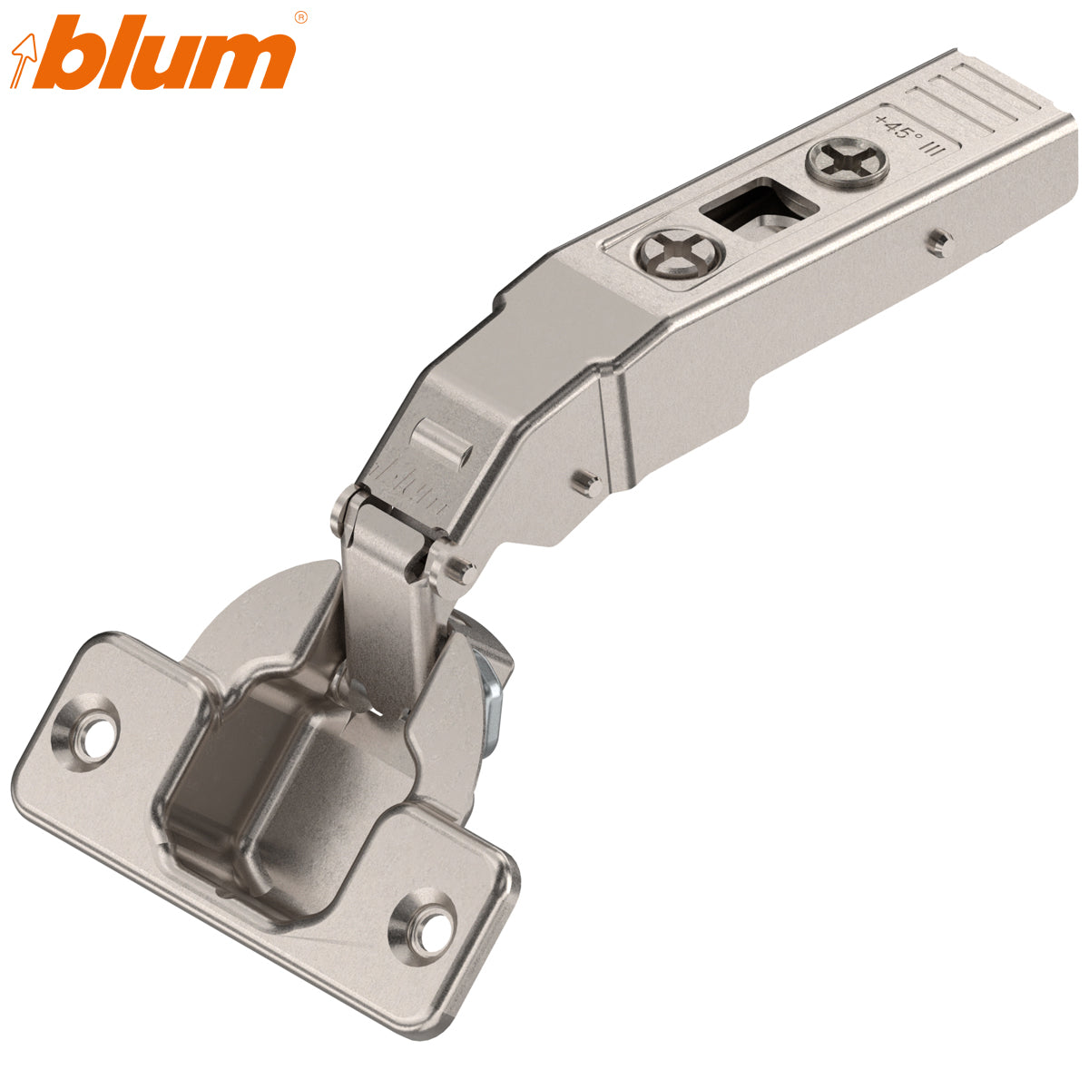 BLUM CLIP ANGLED HINGE +45deg lll MAX OVERLAY SCREW-ON by JULIUS BLUM UK LTD