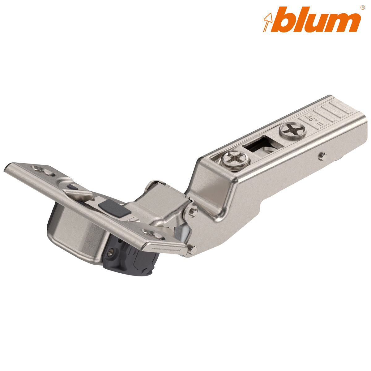 BLUM CLIP BLUMOTION ANGLED HINGE -45deg lll MAX OVERLAY SCREW-ON by JULIUS BLUM UK LTD