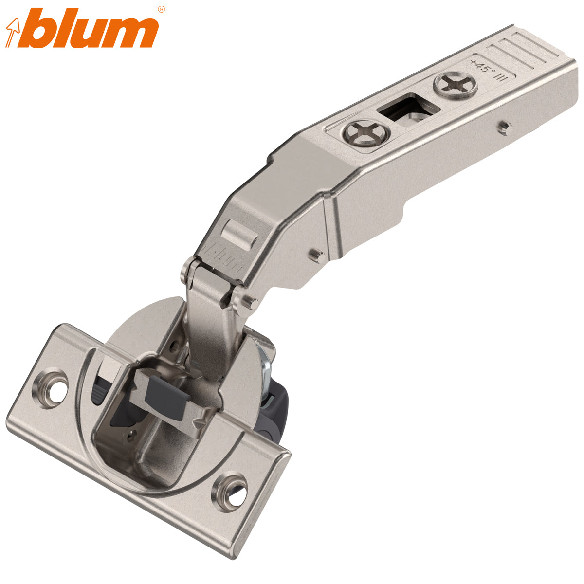 BLUM CLIP BLUMOTION ANGLED HINGE +45deg lll MAX OVERLAY SCREW-ON
