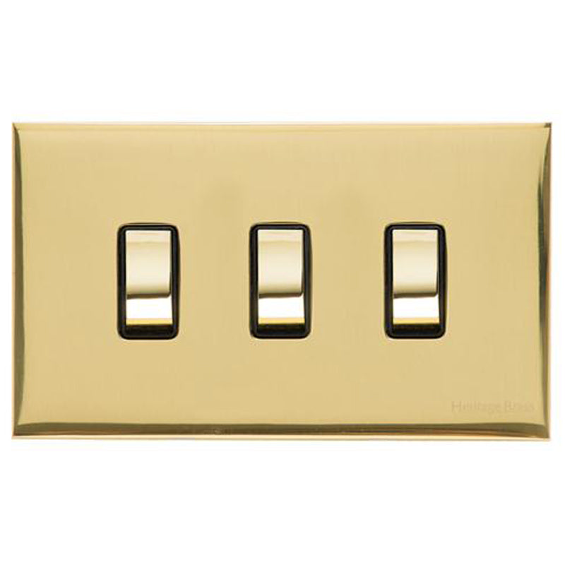 WINCHESTER 01 3G 2W ROCKER SWITCH TWIN PLATE, 148x088mm POLISHED BRASS/BLACK by M MARCUS LTD