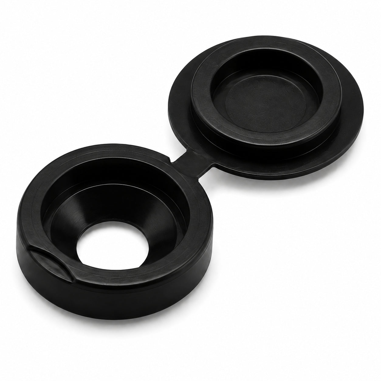 Large black hinged plastic screw cap for No.12–14 screws – decorative snap-close screw head cover.