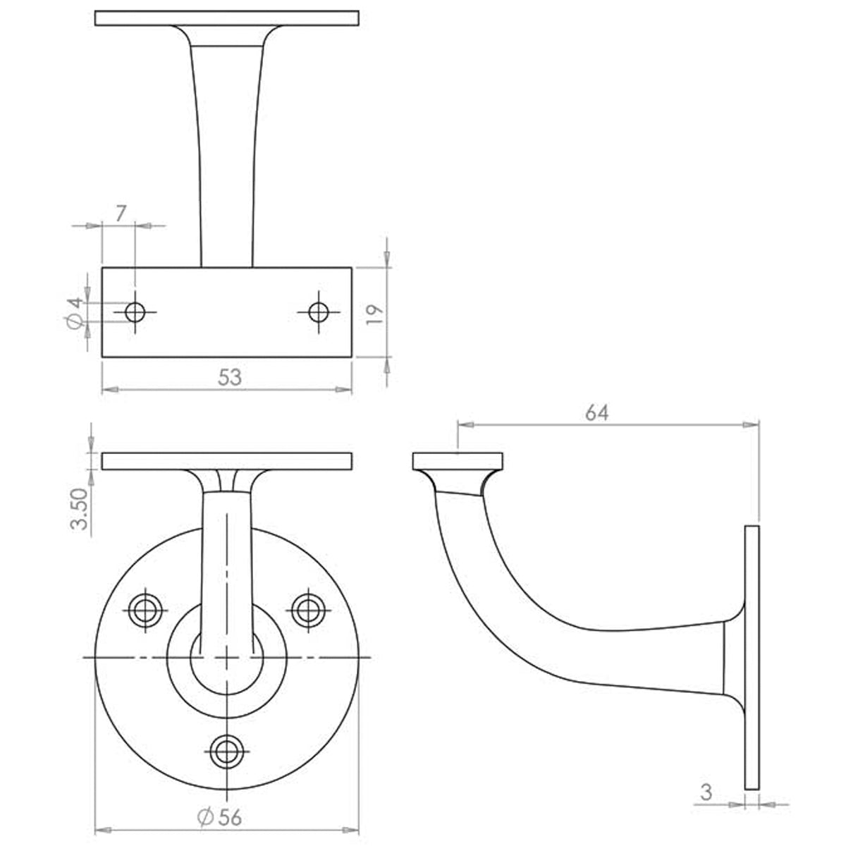 JEDO SOLID BRASS HANDRAIL BRACKET 64 SCP JV85HASC