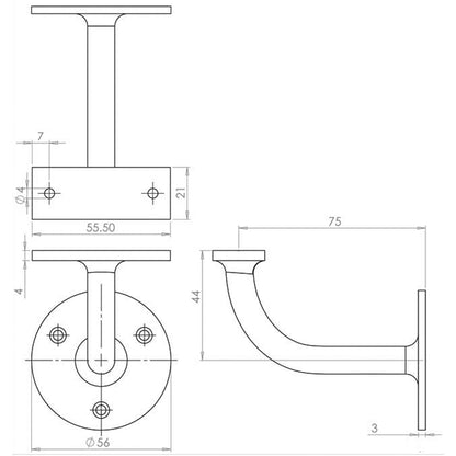 JEDO SOLID BRASS HANDRAIL BRACKET 75 PBR JV85HBPB