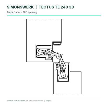 SIMONSWERK TECTUS TE240 3D concealed hinge - block-frame hinge opening at 90 degrees technical drawing | Hart Wholesale