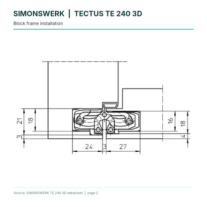 SIMONSWERK TECTUS TE240 3D concealed hinge - block-frame installation section technical drawing | Hart Wholesale