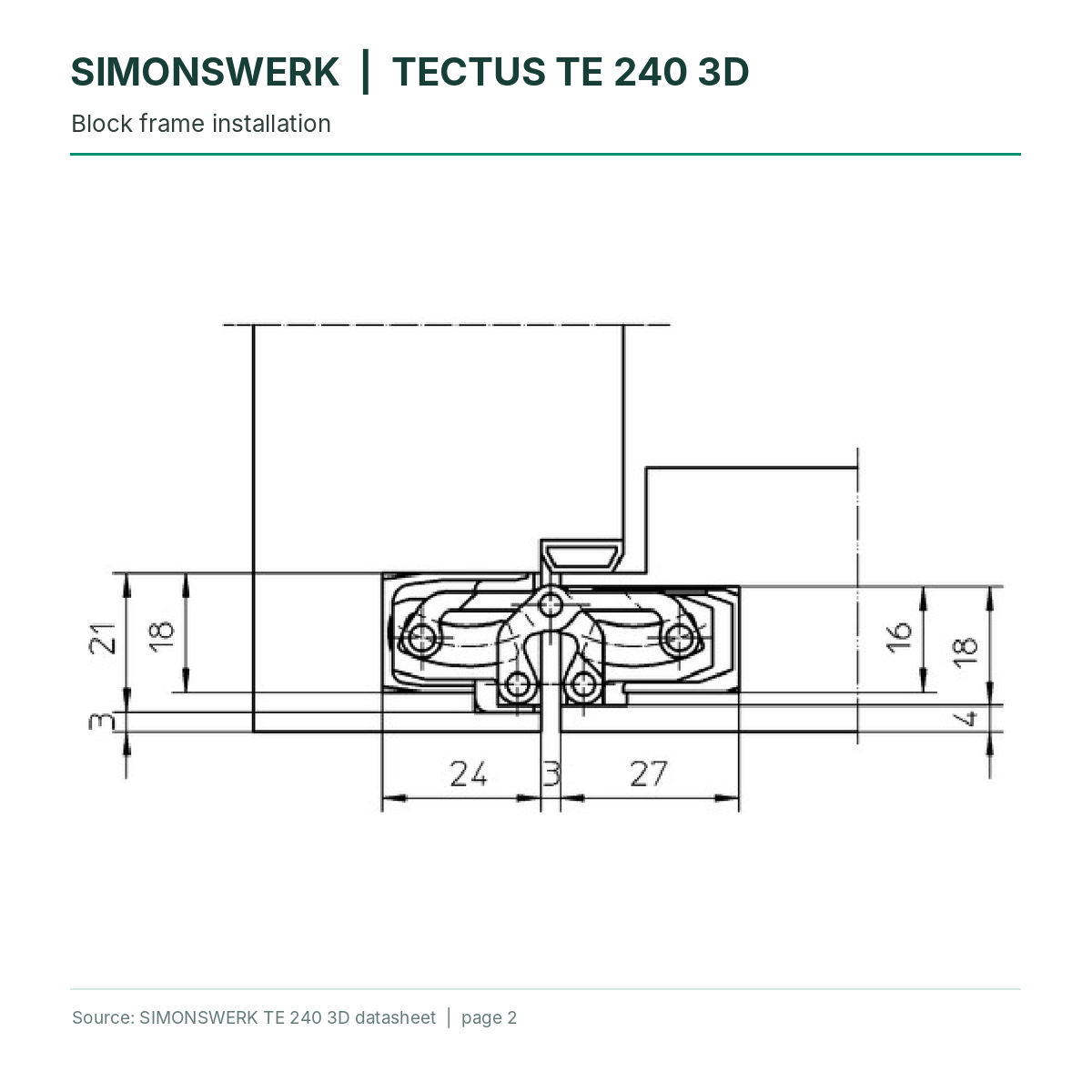 SIMONSWERK TECTUS TE240 3D concealed hinge - block-frame installation section technical drawing | Hart Wholesale