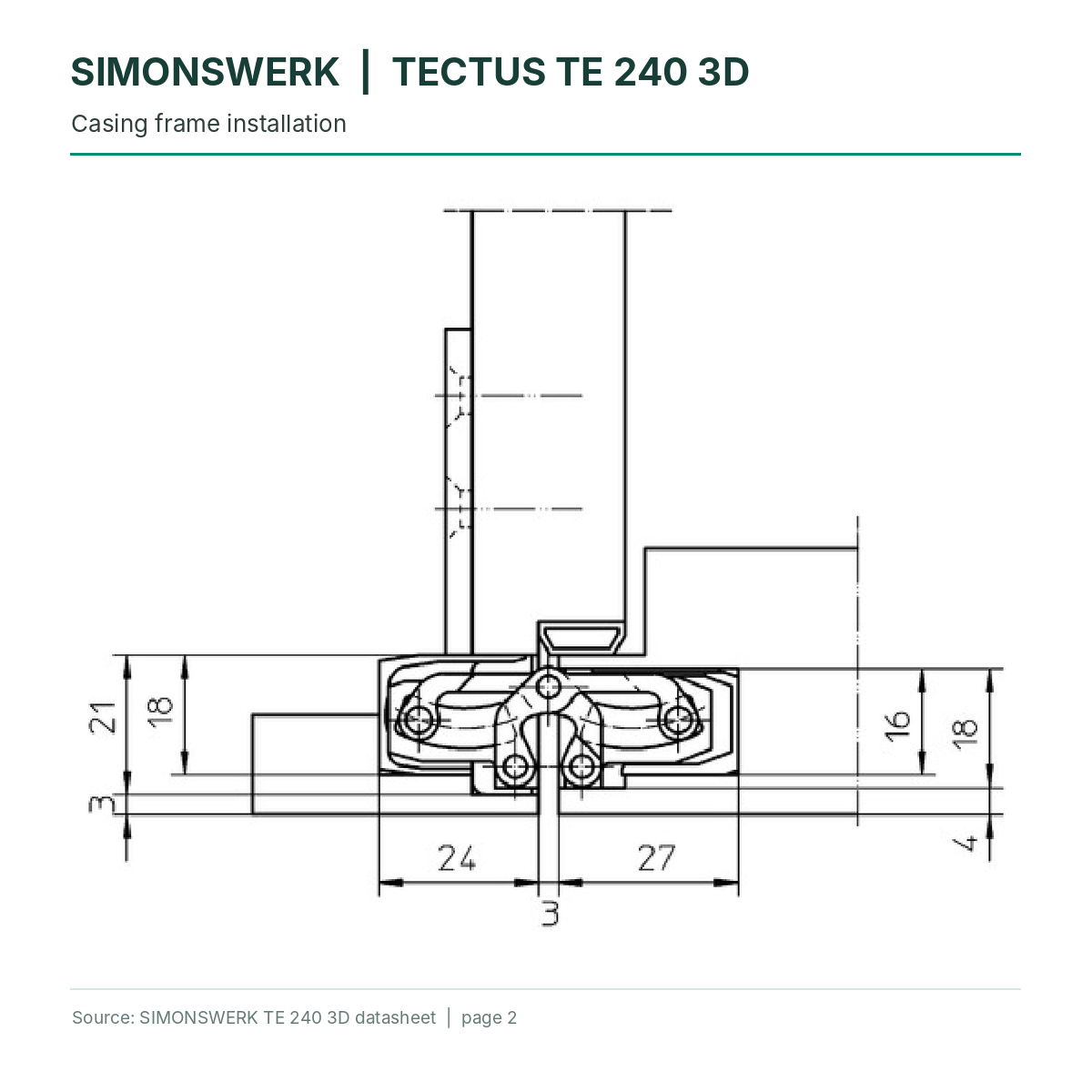 SIMONSWERK TECTUS TE240 3D concealed hinge - casing-frame installation section technical drawing | Hart Wholesale