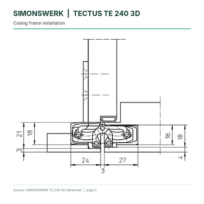SIMONSWERK TECTUS TE240 3D concealed hinge - casing-frame installation section technical drawing | Hart Wholesale