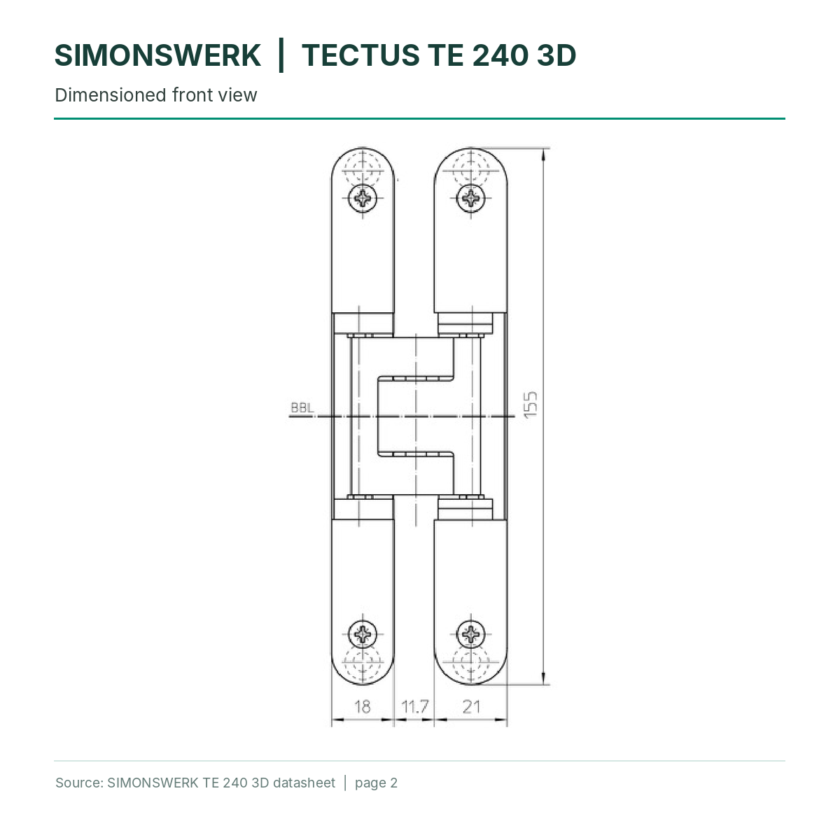 SIMONSWERK TECTUS TE240 3D concealed hinge - front-view dimensions technical drawing | Hart Wholesale