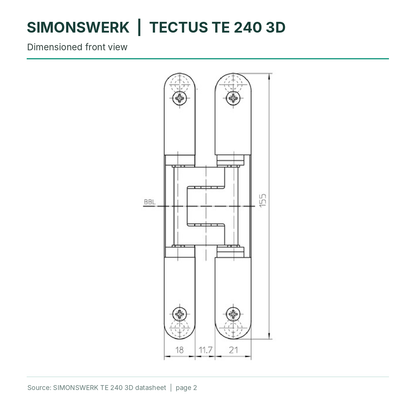 SIMONSWERK TECTUS TE240 3D concealed hinge - front-view dimensions technical drawing | Hart Wholesale