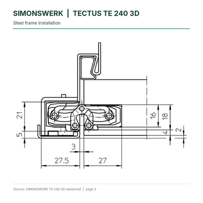 SIMONSWERK TECTUS TE240 3D concealed hinge - steel-frame installation section technical drawing | Hart Wholesale
