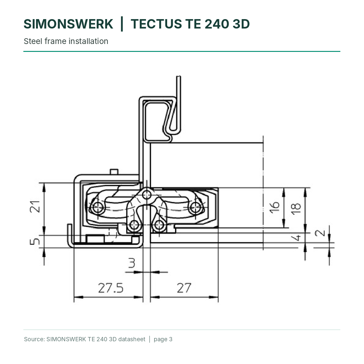 SIMONSWERK TECTUS TE240 3D concealed hinge - steel-frame installation section technical drawing | Hart Wholesale