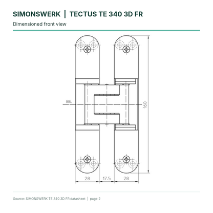 SIMONSWERK TECTUS TE340 3D FR - Front-view dimensions technical diagram | Hart Wholesale
